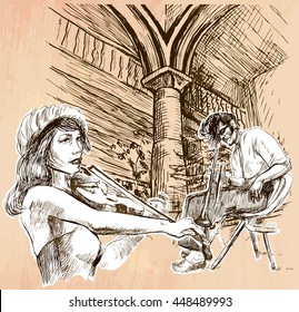 An hand drawn vector - MUSIC BAND, jazz music. An violinist and trumpeter, trumpet player play on the old stage - line art. Vector is editable in groups and layers - freehand sketching.
