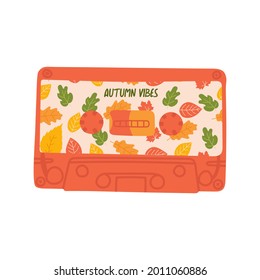 Casete de música vectorial dibujado a mano con patrón de hojas de otoño. Ilustración del vector