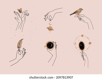 Hand drawn vector mystical and astrology signs. Liner templates logos or emblems hands in different gestures