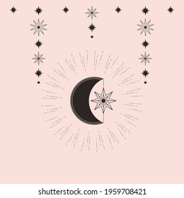 Hand drawn vector of mystical Moon with stars in line art. Spiritual symbol celestial space. Magic talisman, antique style, vintage, boho, tattoo, logo. Astrology, astronomy sketch illustration
