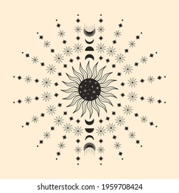Hand drawn vector of mystical Sun with Moon, stars in line art. Spiritual symbol celestial space. Magic talisman, antique style, vintage, boho, tattoo, logo. Astrology, astronomy sketch illustration