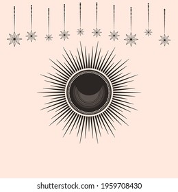 Hand drawn vector of mystical Sun with Moon, stars in line art. Spiritual symbol celestial space. Magic talisman, antique style, vintage, boho, tattoo, logo. Astrology, astronomy sketch illustration