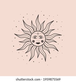Hand drawn vector of mystical Sun with woman`s face, star in line art. Spiritual symbol celestial space. Magic talisman, antique style, vintage, boho, tattoo. Astrology, astronomy sketch illustration