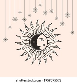 Hand drawn vector of mystical Sun with woman`s face, Moon, star in line art. Spiritual symbol celestial space. Magic talisman, antique style, vintage, boho, tattoo. Astrology, astronomy illustration