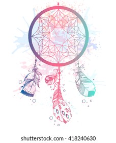 Hand drawn vector Native American Indian talisman dream catcher with bird's feathers. Ethnic design, boho chic, tribal symbol. Blobs and splash watercolor background, pastel gradient colors.