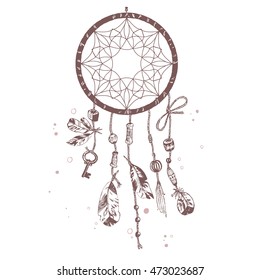 Hand drawn vector Native American Indian talisman dreamcatcher with bird's feathers and beads. Ethnic design, boho chic, tribal symbol. Isolated illustration.