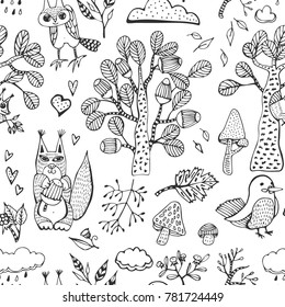 Hand drawn vector natural pattern with animals, leaves, mushrooms, birds. Forest design elements for greeting cards, wrapping paper. Sketch background.