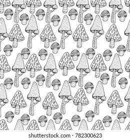 Hand drawn vector natural pattern with mushrooms. Forest design elements for greeting cards, wrapping paper. Sketch background.