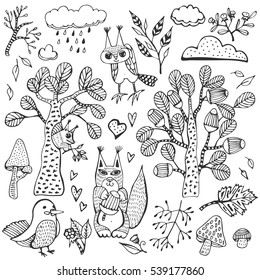 Hand drawn vector natural set with animals, leaves, mushrooms, birds, natural icons. Forest design elements for greeting card. Natural collection in doodle style.