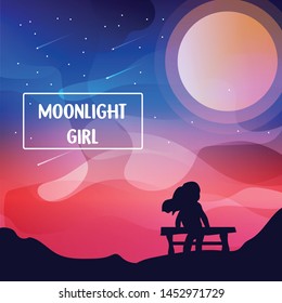 hand drawn vector nature illustration with moonlight and girl on first view. silhouette landscape. using for travel and nature background and card