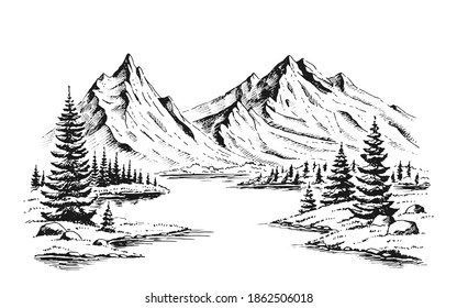 Hand drawn vector nature illustration and mountains   forest first view  Using for travel   nature background   card 