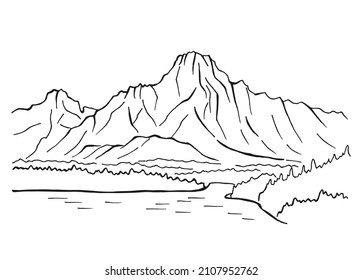 Hand drawn vector nature illustration with mountains and forest on first view. Using for travel and nature background and card