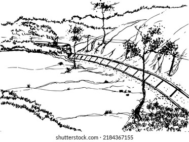 Hand drawn vector nature illustration train through the forest on main view. Using for travel and nature background, child book, drawing book cover and card