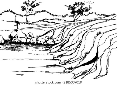 Hand drawn vector nature illustration sketch with river and waterfall on main view. Using for travel and nature background, child book, drawing book cover and card