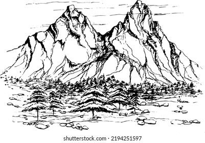 Hand drawn vector nature illustration with mountain on main view. Using for travel and nature background 