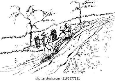 Hand drawn vector nature illustration with a man bring firewood on main view. Black isolated on white. 