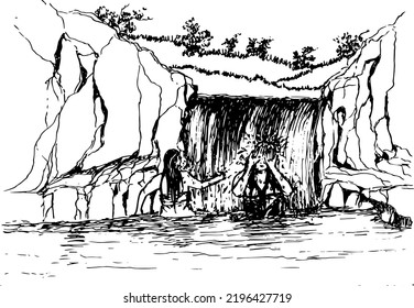 Ilustración de la naturaleza vectorial dibujada a mano con ducha de mujer bajo cascada