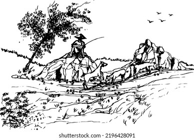 Hand drawn vector nature illustration with a man farming goat on main view 