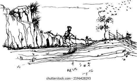 Ilustración de la naturaleza vectorial dibujada a mano con hombre de excursión en vista principal. Uso para viajes y fondo de naturaleza 