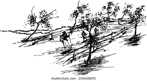 Hand drawn vector nature illustration with hiking man on main view. Using for travel and nature background 