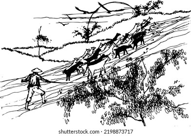 Handgezeichnete Vektorgrafik mit einem Mann, der Ziegen auf der Hauptansicht züchtet. Schwarz einzeln auf weißem Hintergrund. 