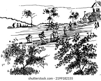 Hand drawn vector nature illustration with some peoples walking to the traditional market. Black isolated on white