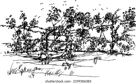 Hand drawn vector nature illustration. Drawn with drawing pen. Black isolated on white. Using for travel and nature card