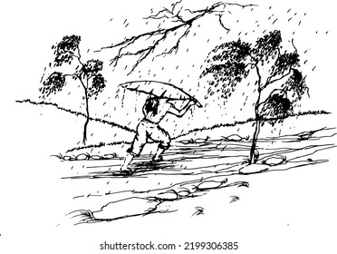 Hand drawn vector nature illustration. Drawn with drawing pen. Black isolated on white. Using for travel and nature card