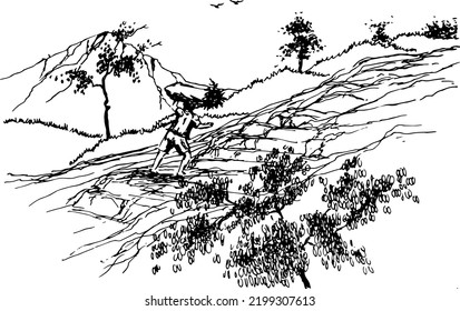 Hand drawn vector nature illustration with a man bring firewood on his back. 
