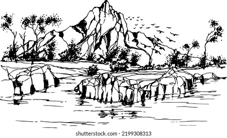 Hand drawn vector nature illustration with mountain on main view. Made with drawing pen. Black isolated on white 