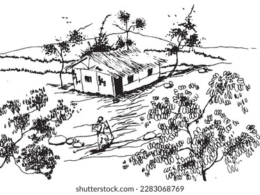 Ilustración de la naturaleza vector dibujada a mano con una casa en vista principal. 