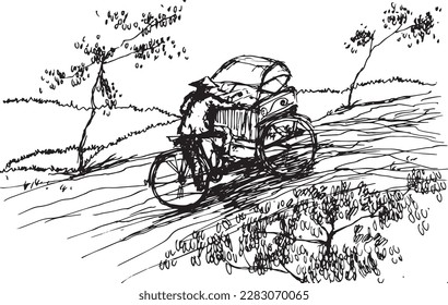 Handgezeichnete Vektorgrafik mit einem Mann, der einen traditionellen Transport verwendet. 