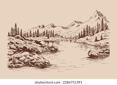 Dibujo manual de la naturaleza vectorial con montañas y bosques. Uso para viajes y fondo de naturaleza y tarjeta.