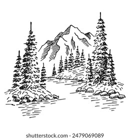 Hand drawn vector nature illustration with mountains and forest.