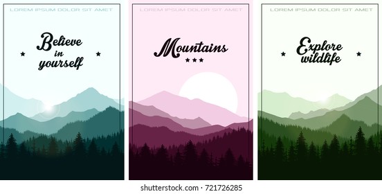 hand drawn vector nature illustration with mountains and forest on first view. silhouette landscape. using for travel and nature background and card  