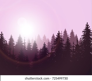 hand drawn vector nature illustration with  fir spruce forest on first view. silhouette landscape. using for travel and nature background and card  