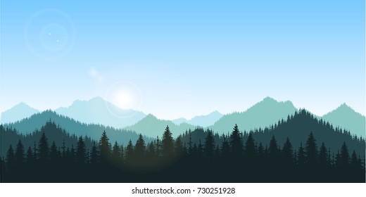 hand drawn vector nature illustration with mountains and forest on first view. silhouette landscape. using for travel and nature background and card  