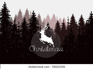 hand drawn vector nature illustration with snow fir spruce forest on first view. winter silhouette landscape. using for background and card. christmas theme