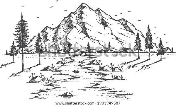 Hand drawn vector nature illustration of\
mountain landscape\
