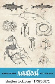 hand drawn vector nautical set