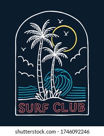 Hand drawn vector neon colors surfing illustrations, for t-shirt prints, posters and other uses.
