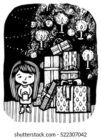 hand drawn Vector New year card with little girl stands near a Christmas tree with boxes and holding a gift. Black and white illustration