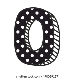 Hand drawn vector number 0 with white polka dots on black, isolated on white background