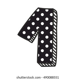 Hand drawn vector number 1 with white polka dots on black, isolated on white background
