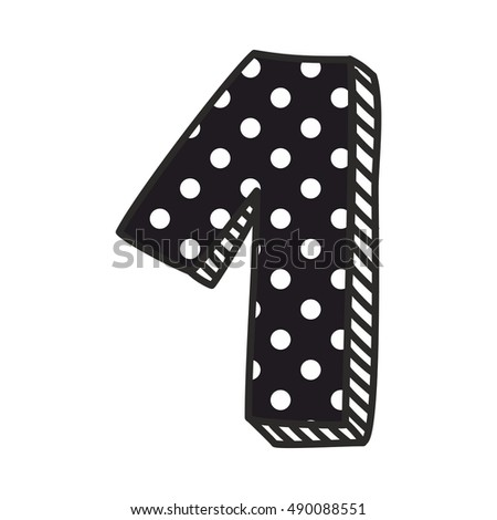 Hand drawn vector number 1 with white polka dots on black, isolated on white background