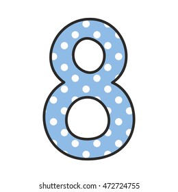 Hand drawn vector number 8 with polka dots on pastel blue isolated on white background