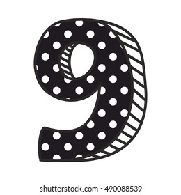 Hand drawn vector number 9 with white polka dots on black, isolated on white background