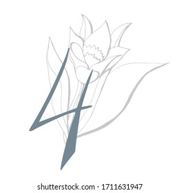 Hand drawn vector number four with flower