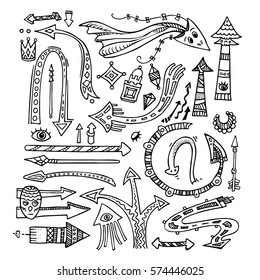 Objetos vectoriales dibujados a mano. Señales inusuales de dirección, flechas - estilo de fantasía