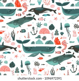 Hand drawn vector ocean bottom illustrations, seamless pattern with coral reefs,big whales,seaweed isolated on white background.